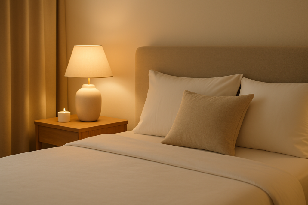 A calming bedroom with soft warm lighting, white linens, and a minimal nightstand, promoting restful sleep for immune and metabolic health.