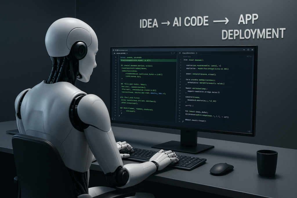 A professional tech workspace with a humanoid AI robot ‘Droid’ – An AI Developer for Software Engineering