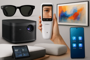 Collage of best new technology devices in 2025 including smart glasses, 4K projector, and AI-powered gadgets