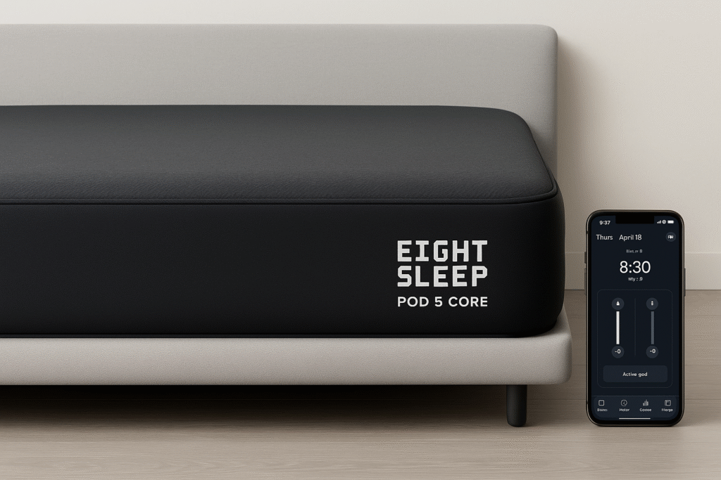 Eight Sleep Pod 5 Core with app interface showing real-time temperature adjustments
