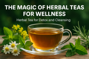 A professional, high-resolution digital photograph of herbal tea in a glass cup, surrounded by fresh herbs and flowers, symbolizing detox and cleansing for wellness.