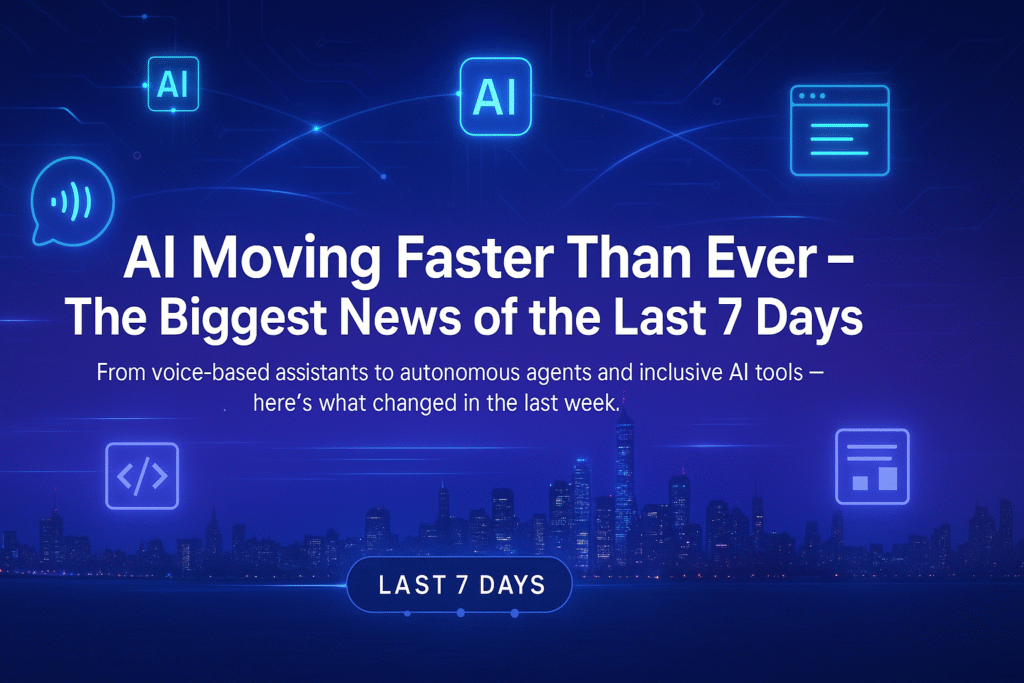 Futuristic cityscape with glowing AI nodes showing latest AI news this week – top 10 AI breakthroughs April 2025 including voice AI, autonomous agents, sign language translation, and more