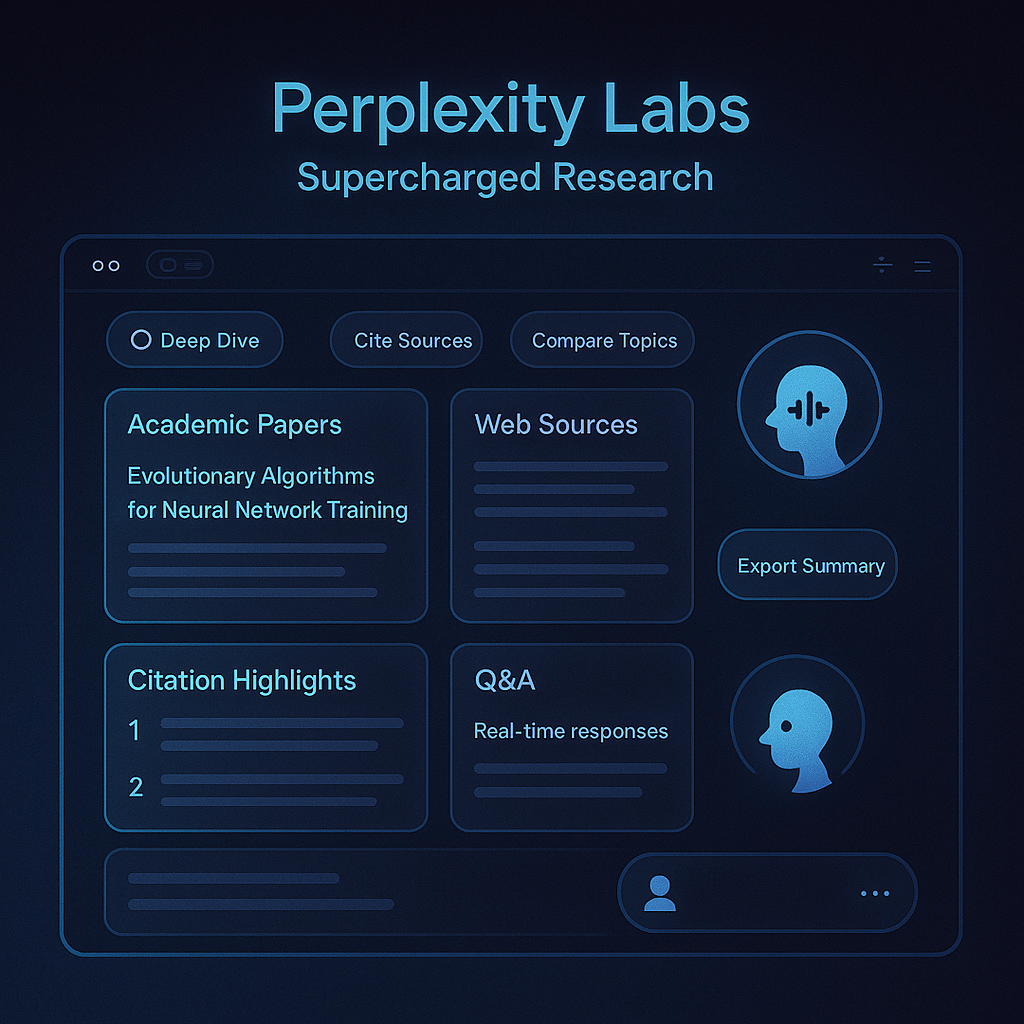 Perplexity Labs Dashboard showing AI-powered research tools including deep search, citation tracking, and real-time